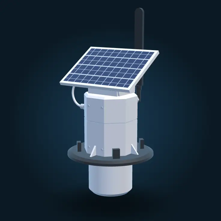 The Trivertix monitor: a white housing on a black collar, with a tilted solar panel on top and a black antenna behind it